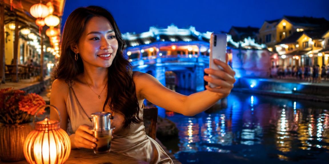 Người dùng Việt Nam chơi casino trên điện thoại tại quán cà phê Hội An