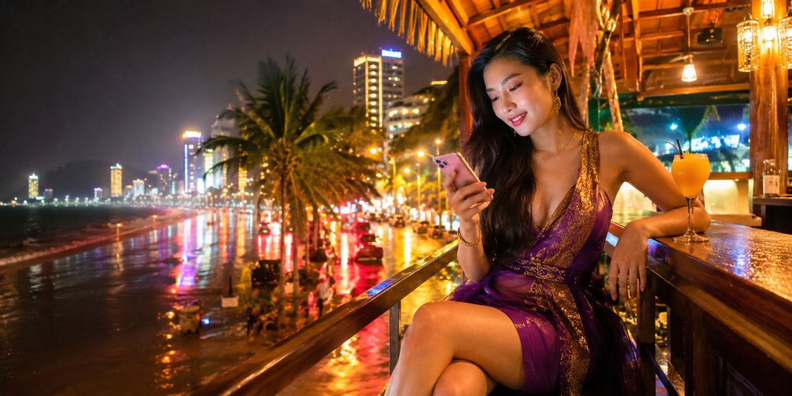 Người dùng tại bãi biển Nha Trang kiểm tra thưởng hoàn tiền trên điện thoại